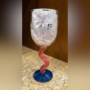 Vintage Hand-Painted Wine Glass with Face(s) Twisted Stem Signed